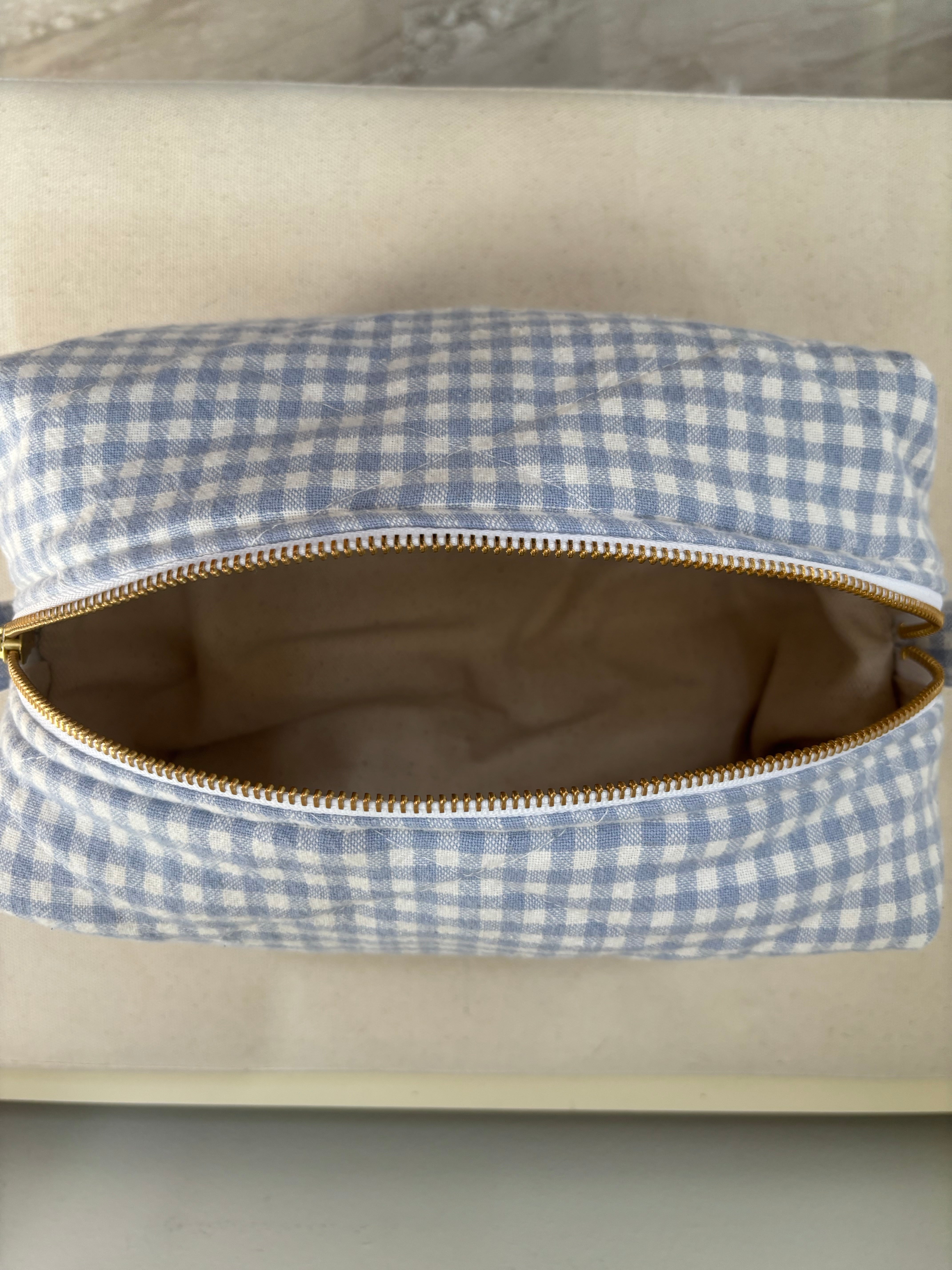 Powder Blue Gingham Quilted Pouch - Large