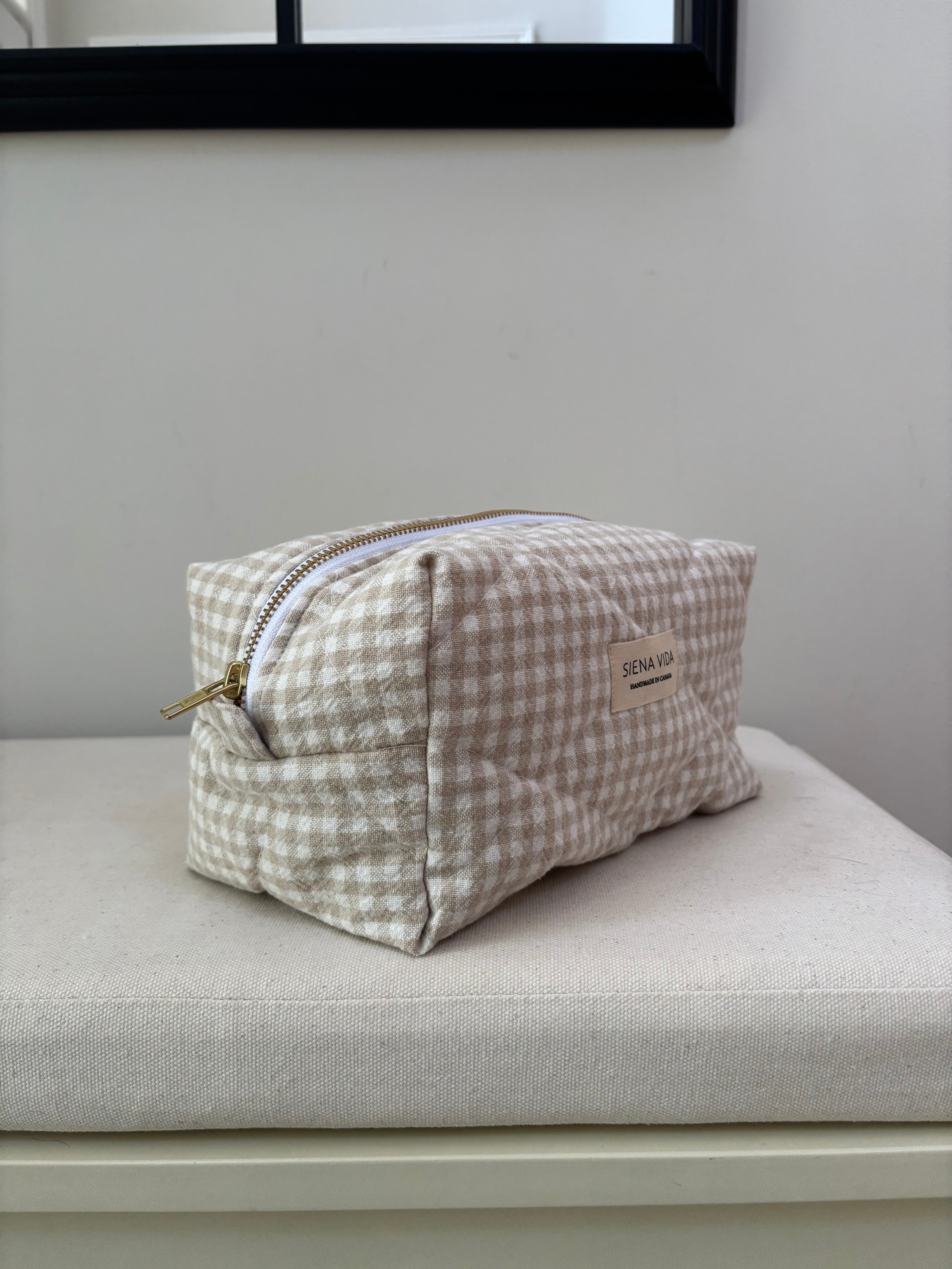 Beige Gingham Quilted Pouch - Large