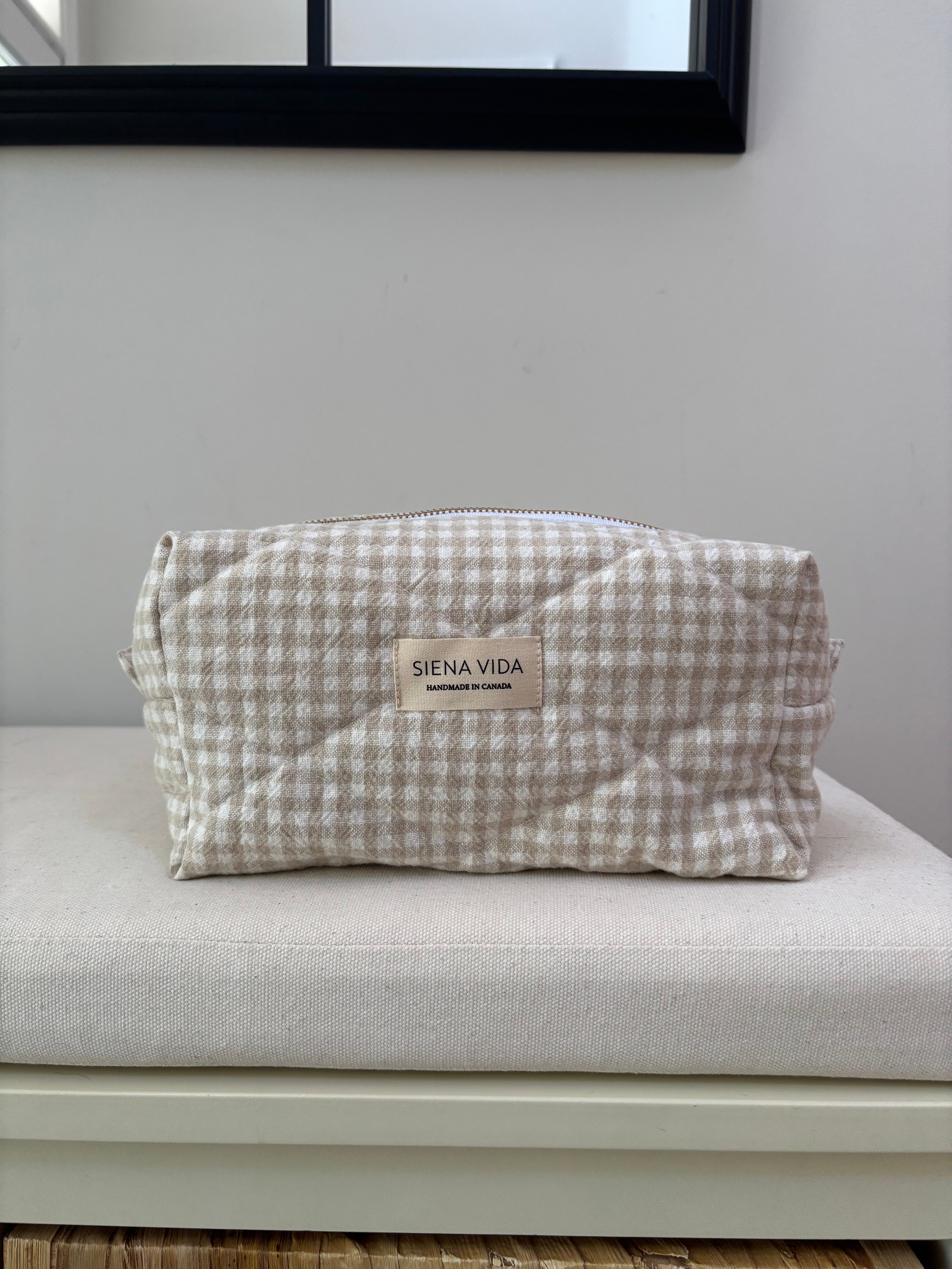 Beige Gingham Quilted Pouch - Large