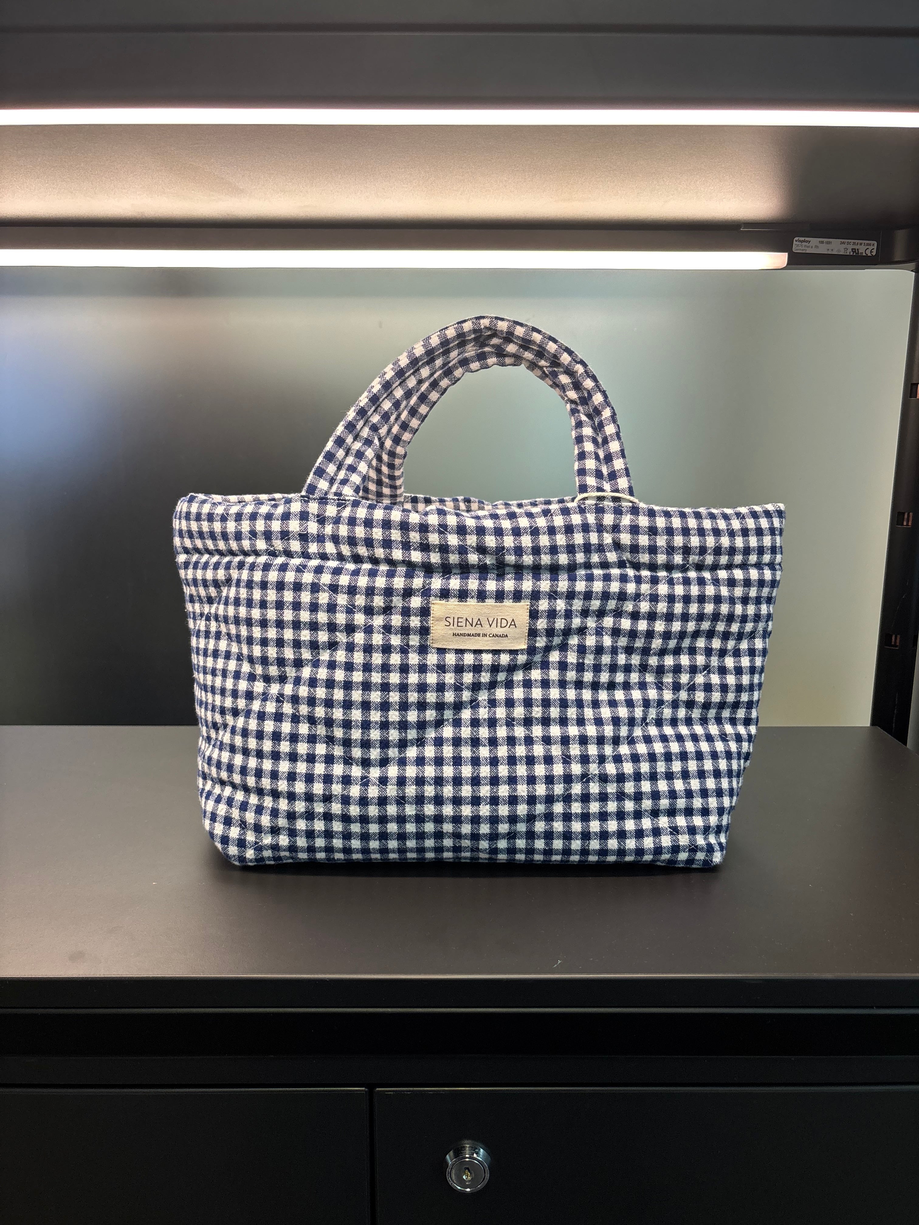 Dark Navy Gingham Quilted Tote Bag - Small