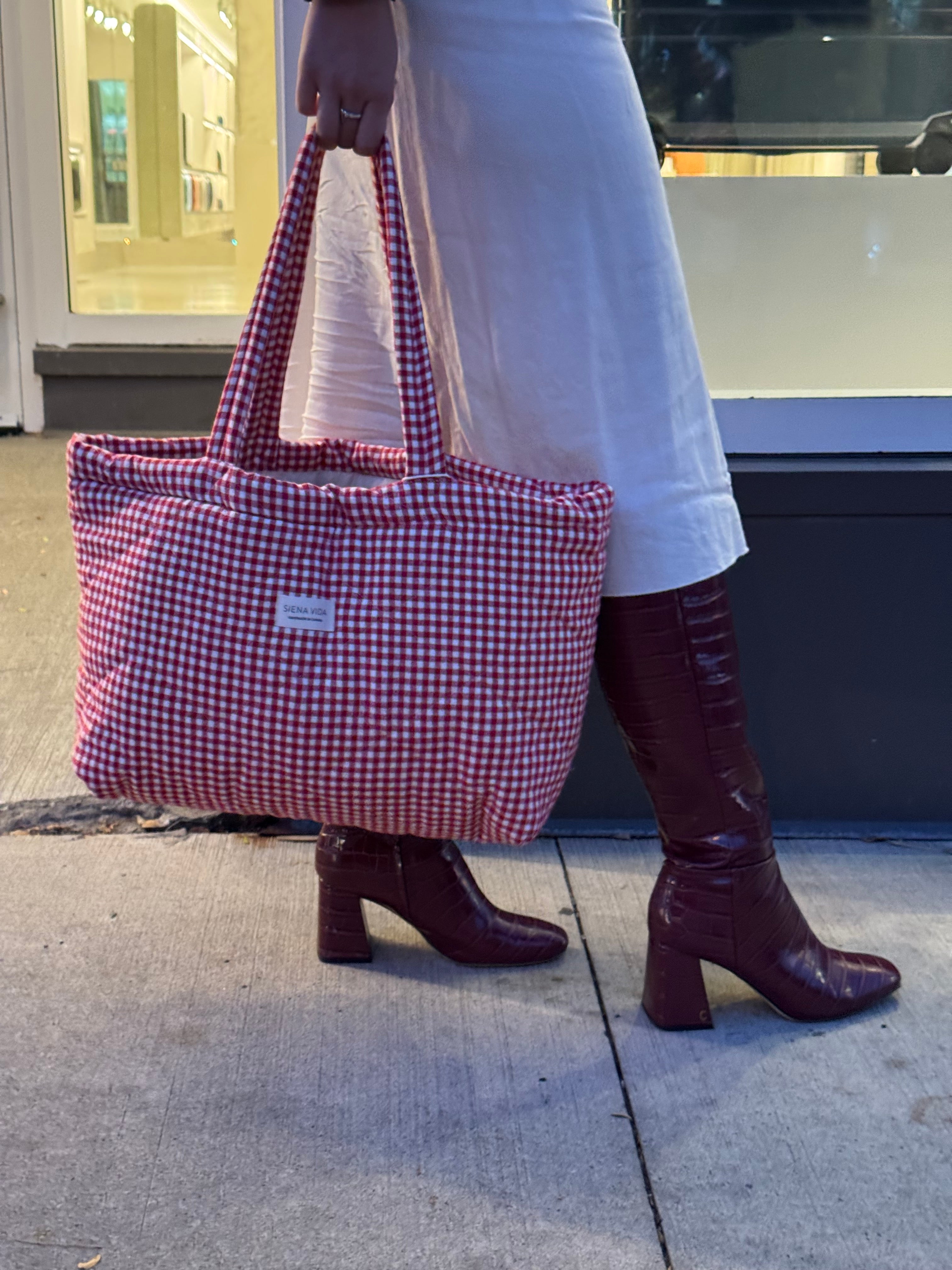 Red Gingham Quilted Tote Bag - Large