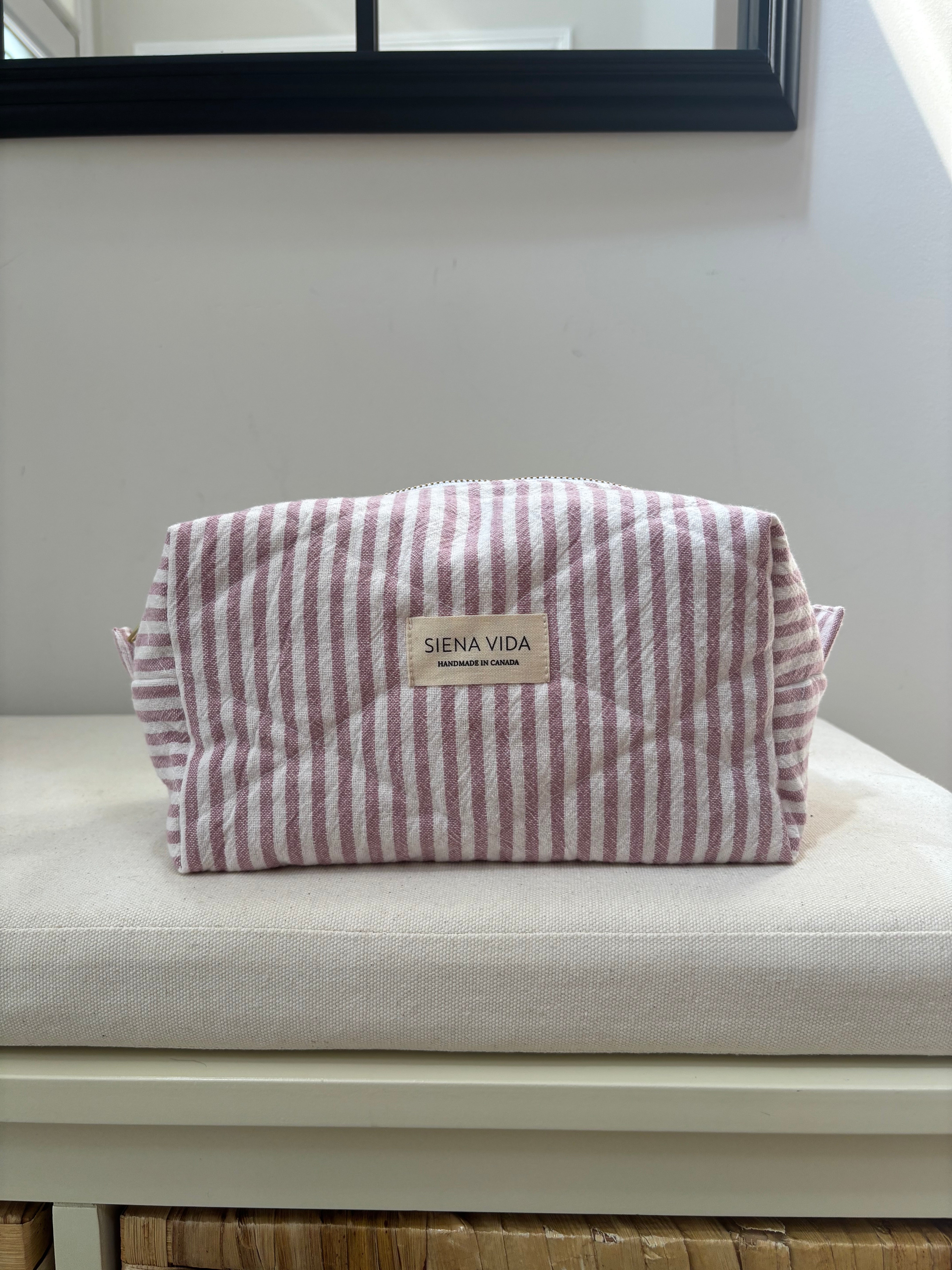 Pink Stripe Quilted Pouch - Large