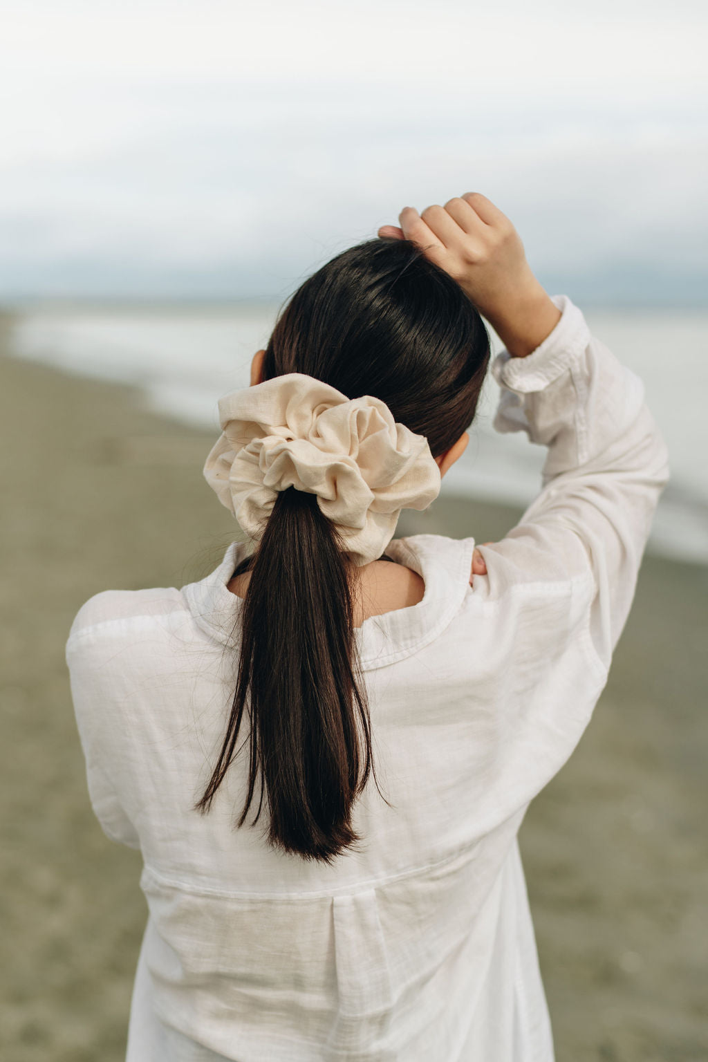 Cream Linen XXL Scrunchie in Model's ponytail