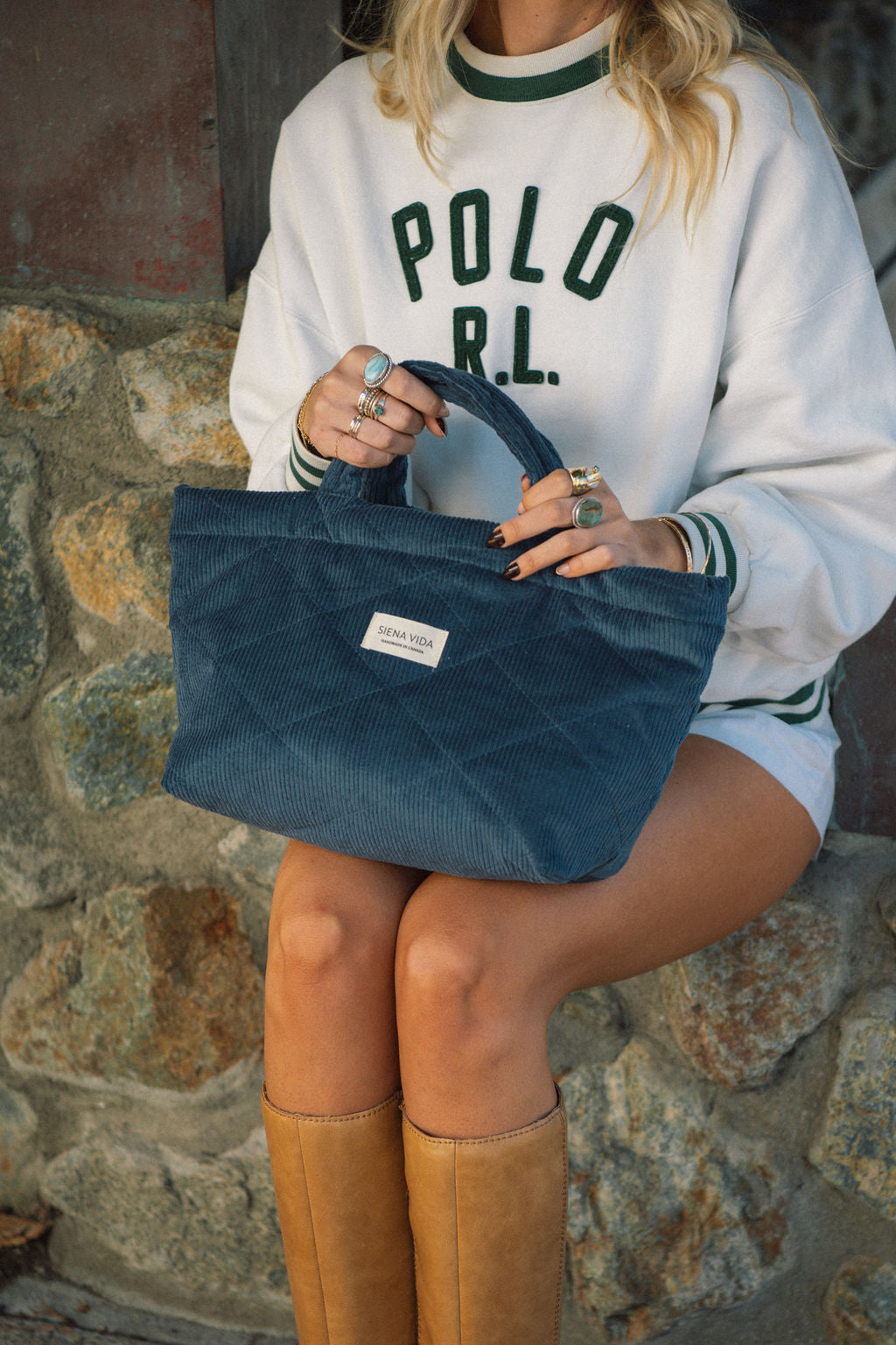 Slate Blue Corduroy Quilted Tote Bag - Small