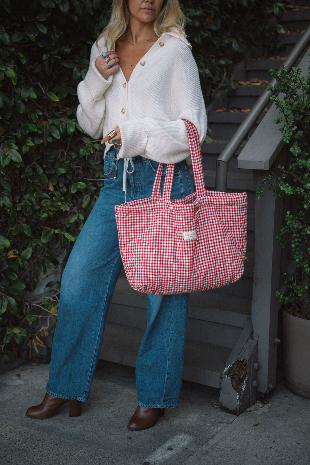 Red Gingham Quilted Tote Bag - Large