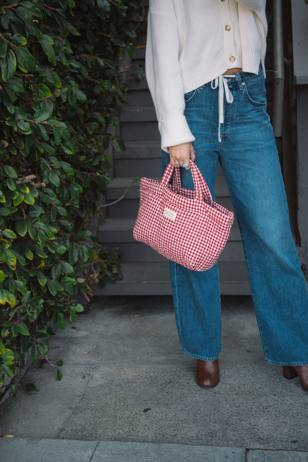 Red Gingham Quilted Tote Bag - Small