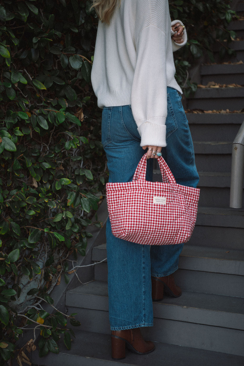 Red Gingham Quilted Tote Bag - Small