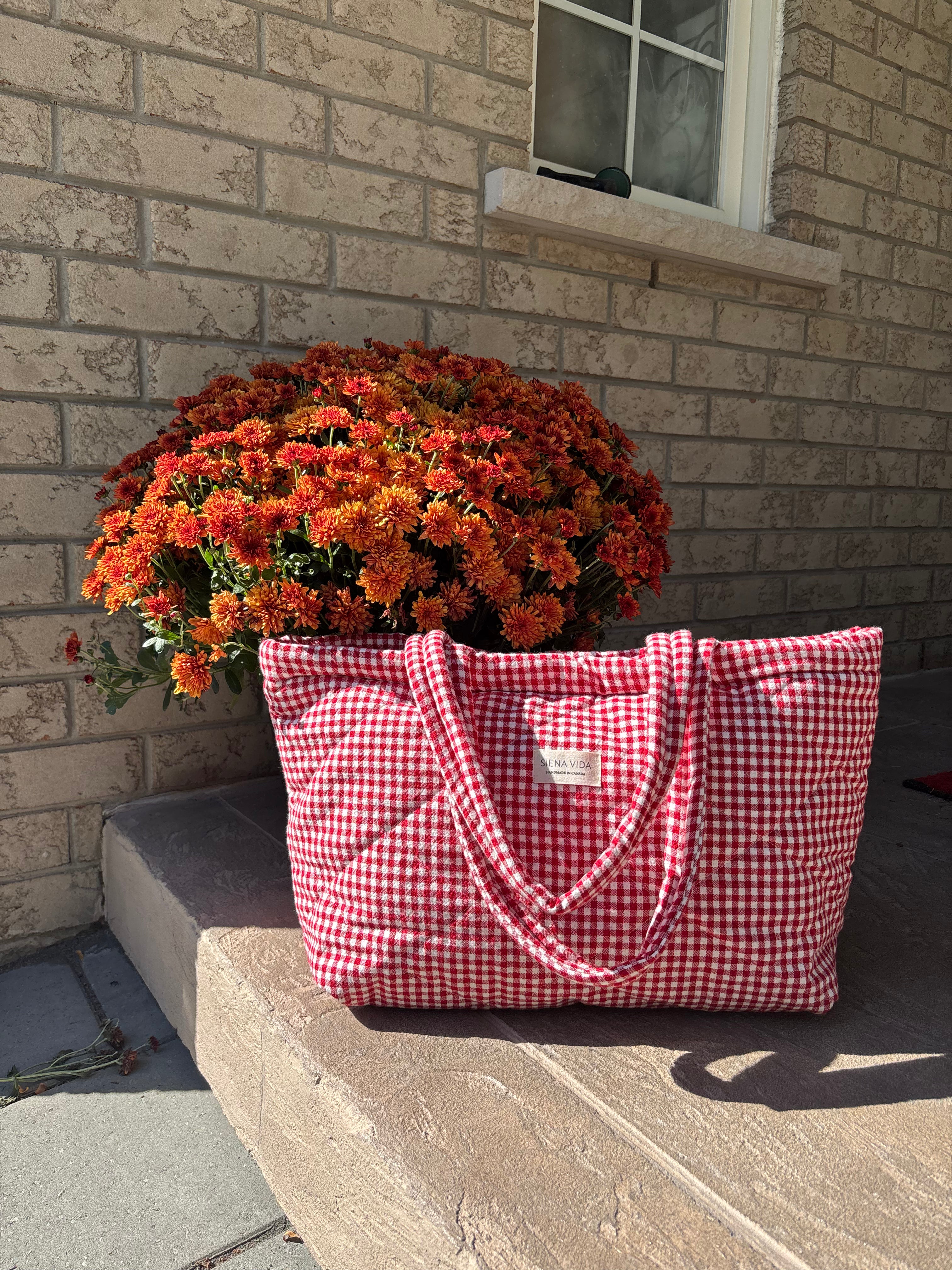 Red Gingham Quilted Tote Bag - Large