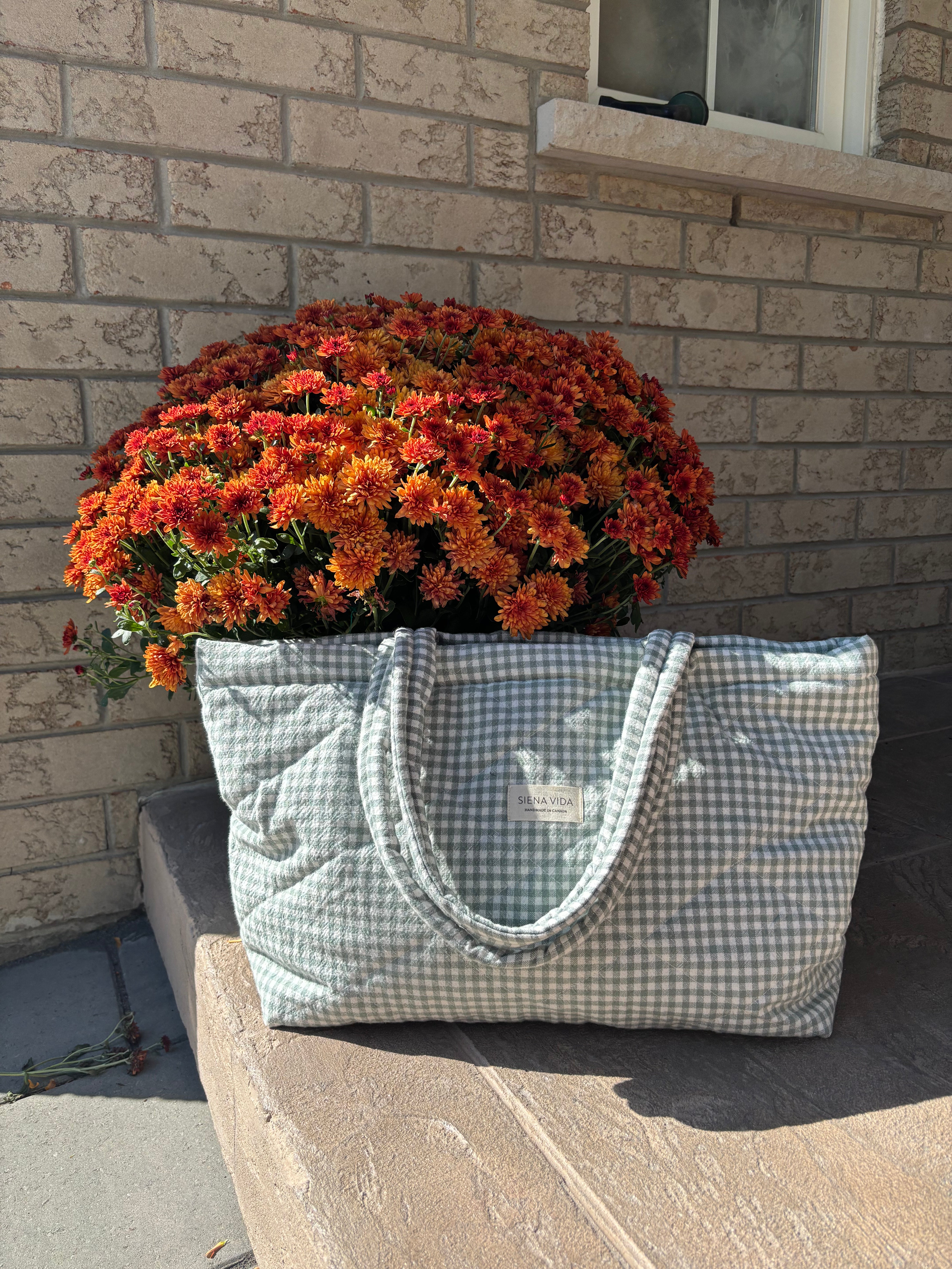 Sage Gingham Quilted Tote Bag - Large