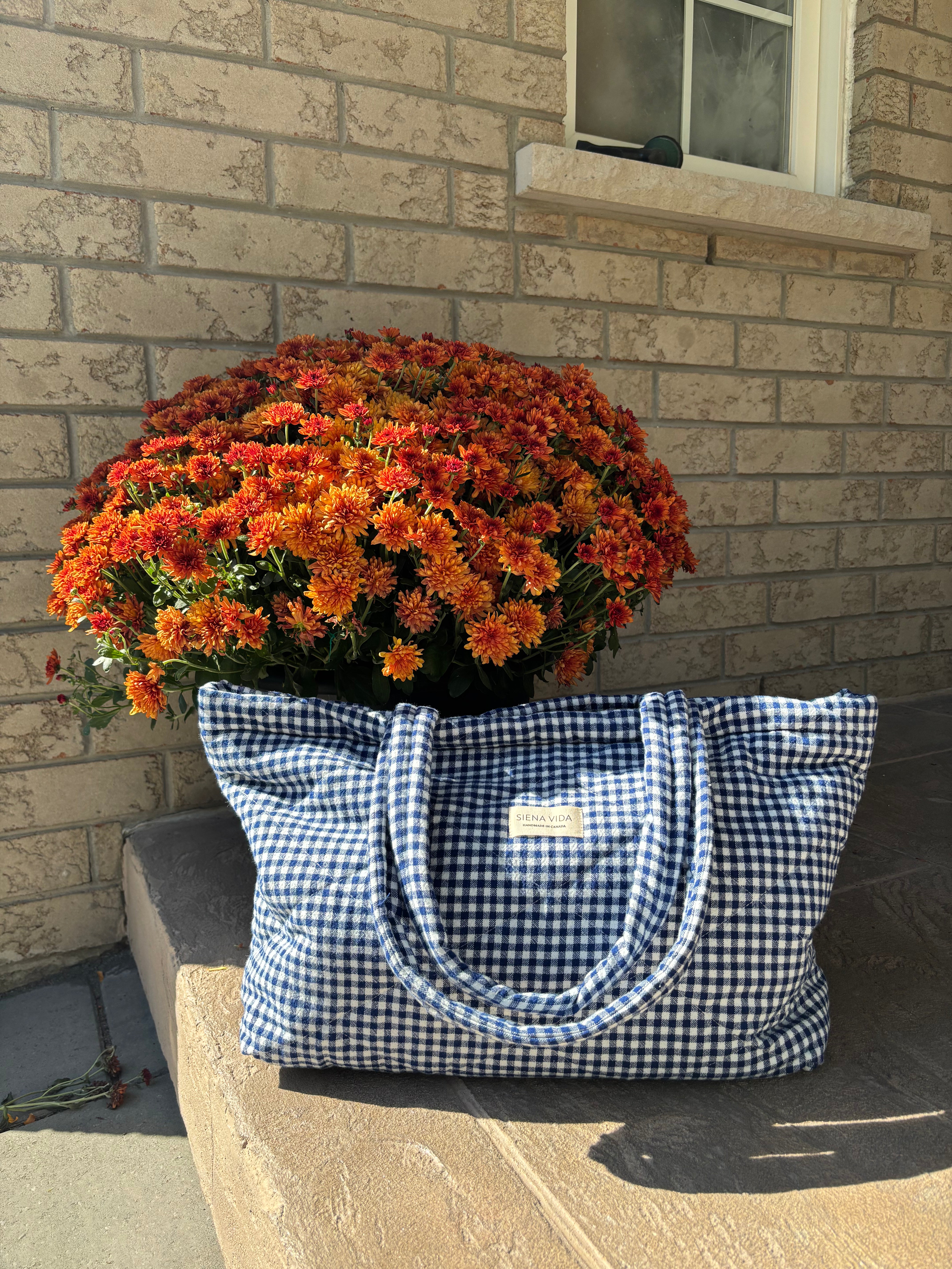 Dark Navy Gingham Quilted Tote Bag - Large