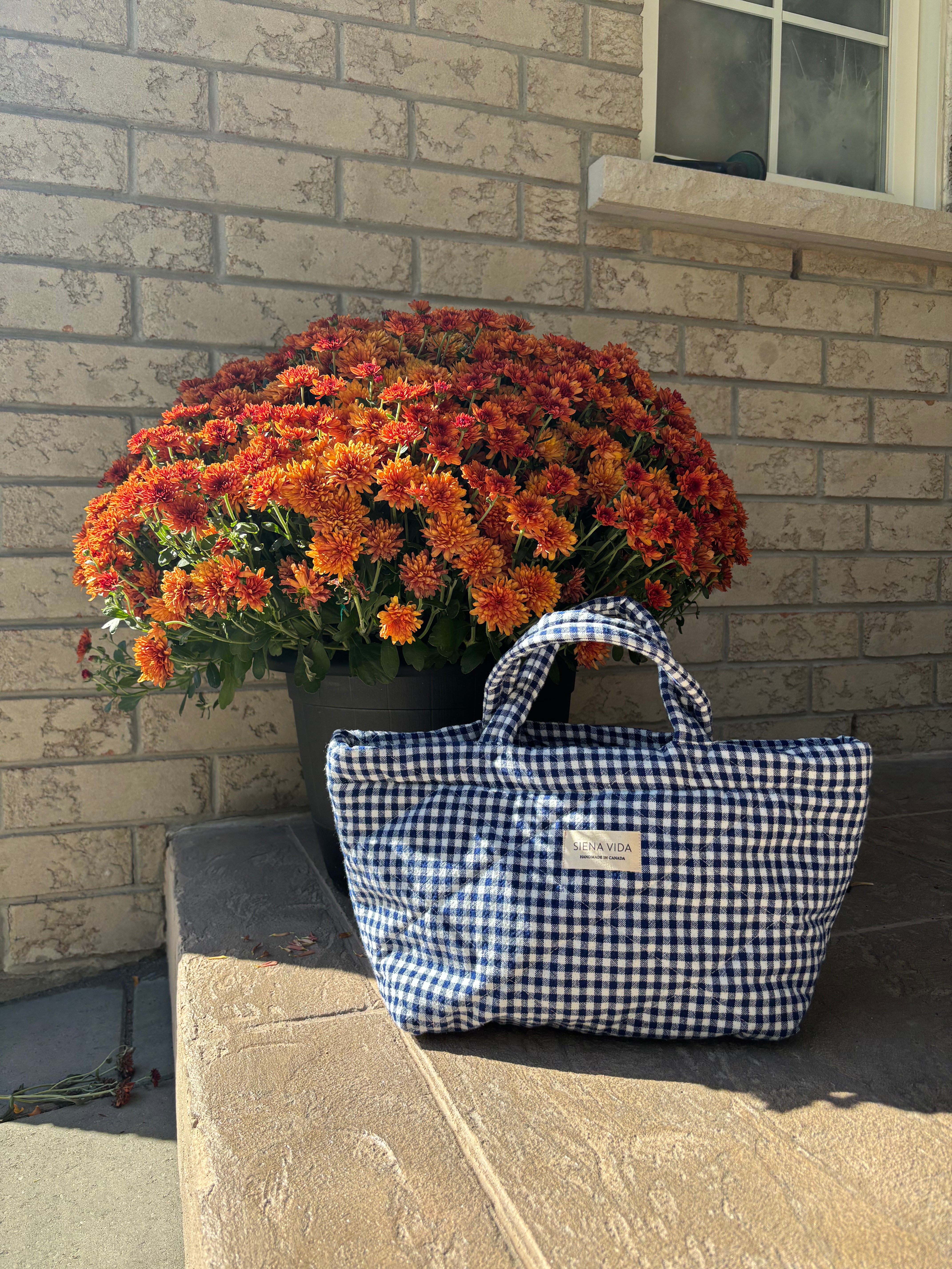 Dark Navy Gingham Quilted Tote Bag - Small
