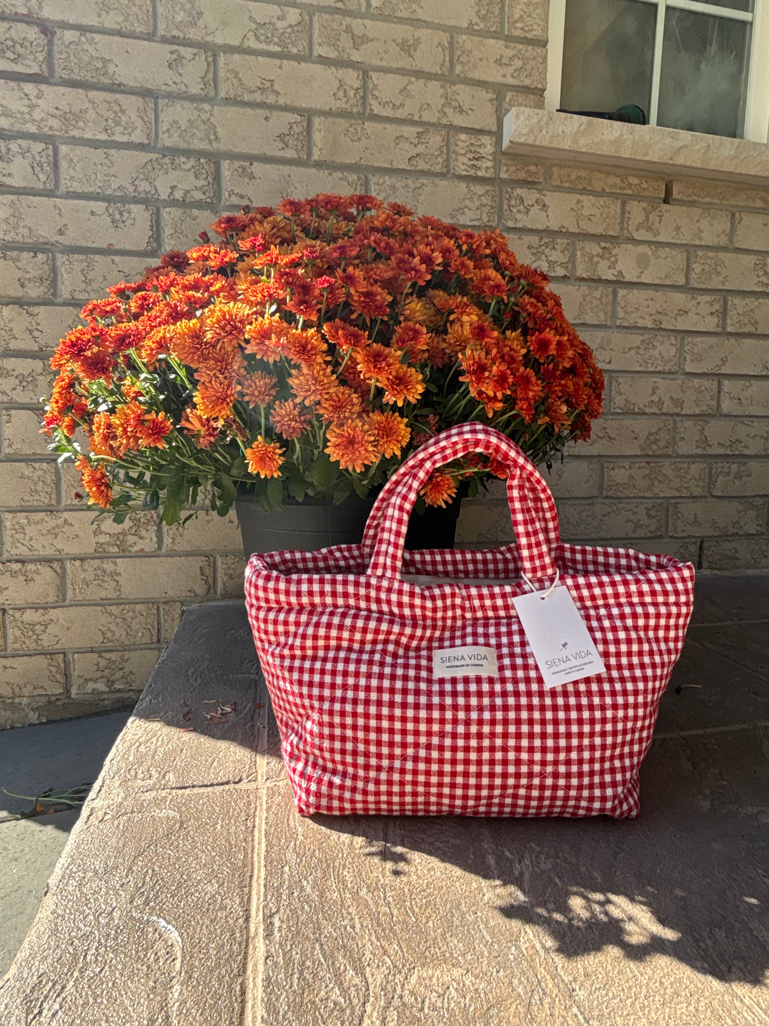 Red Gingham Quilted Tote Bag - Small