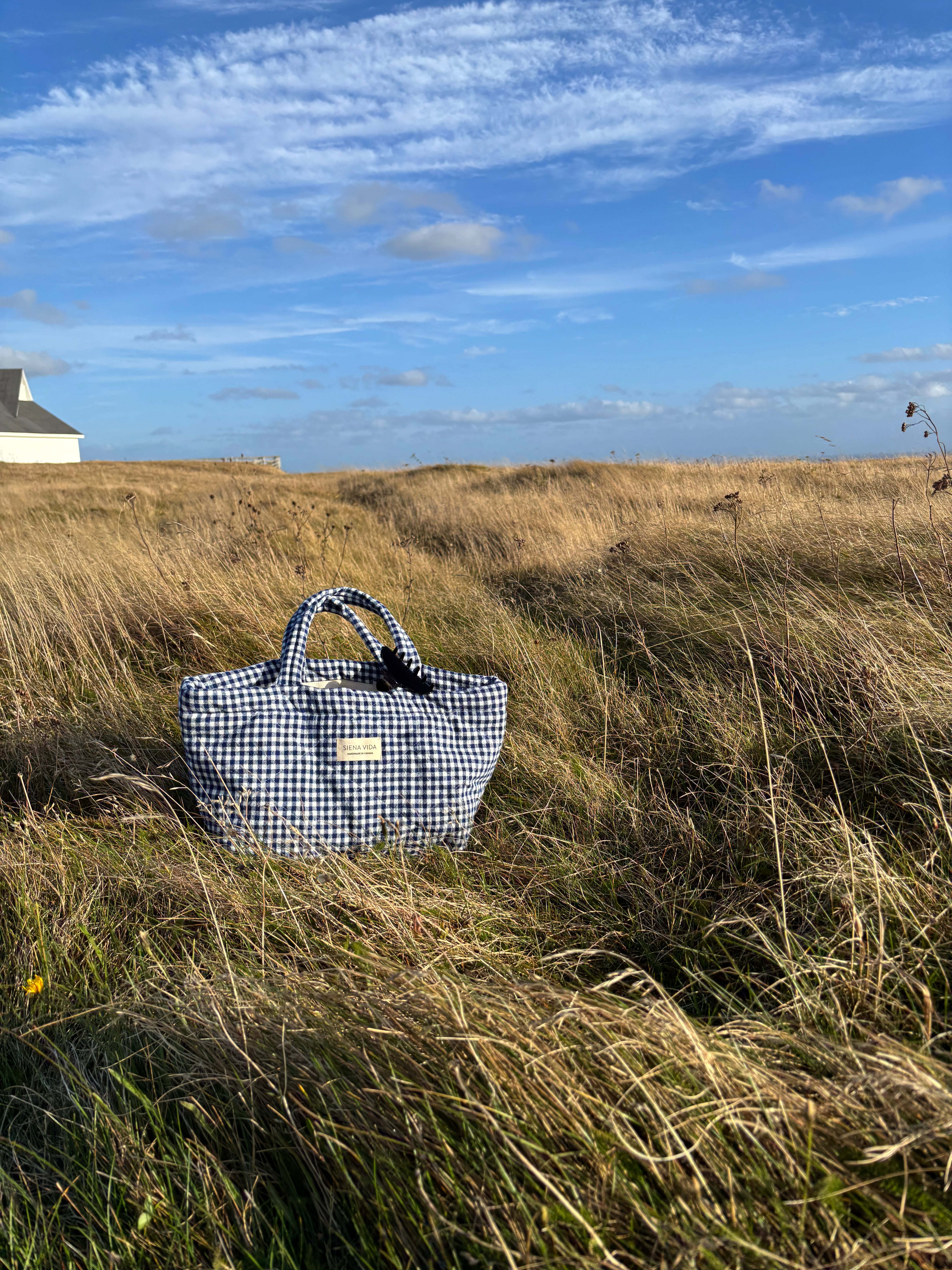 Navy Gingham Quilted Tote Bag - Small