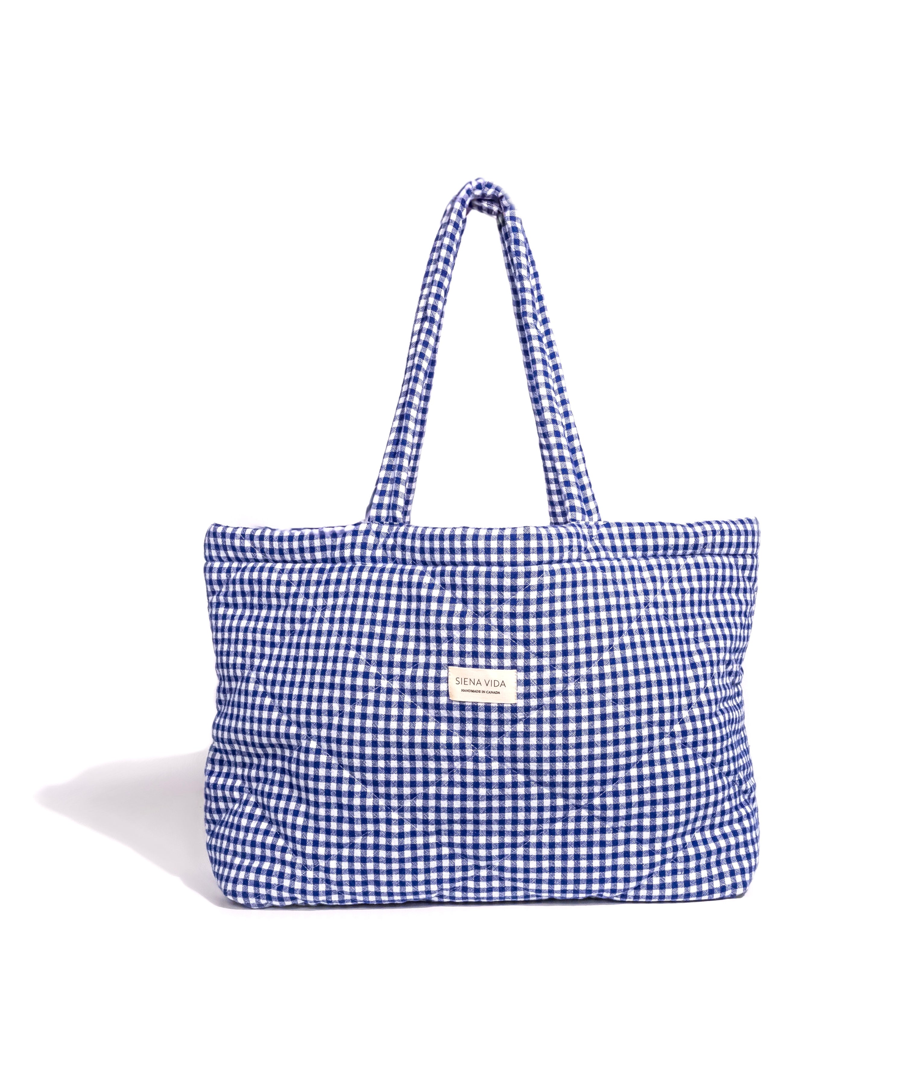 Navy Gingham Quilted Tote Bag - Large