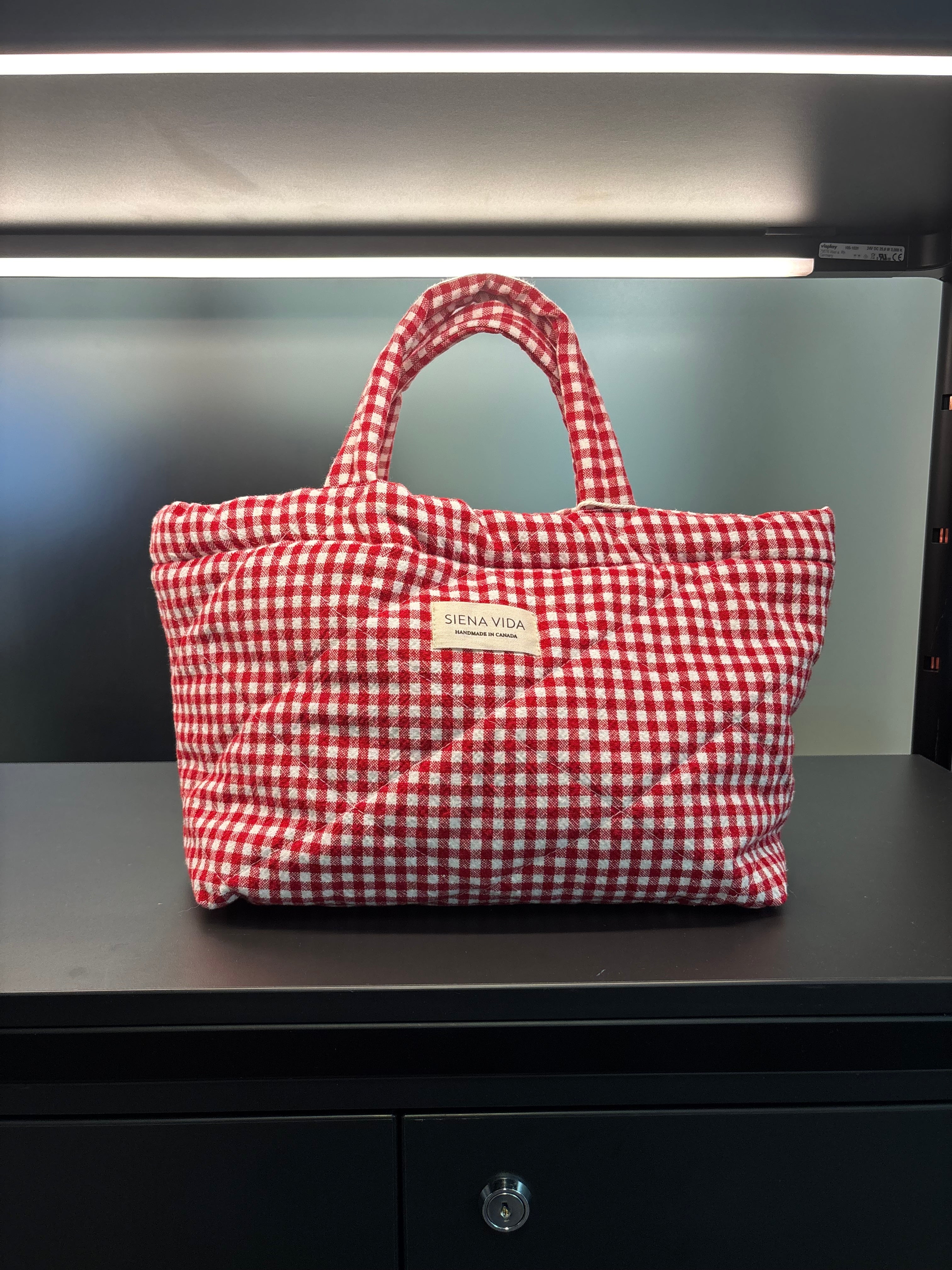Red Gingham Quilted Tote Bag - Small