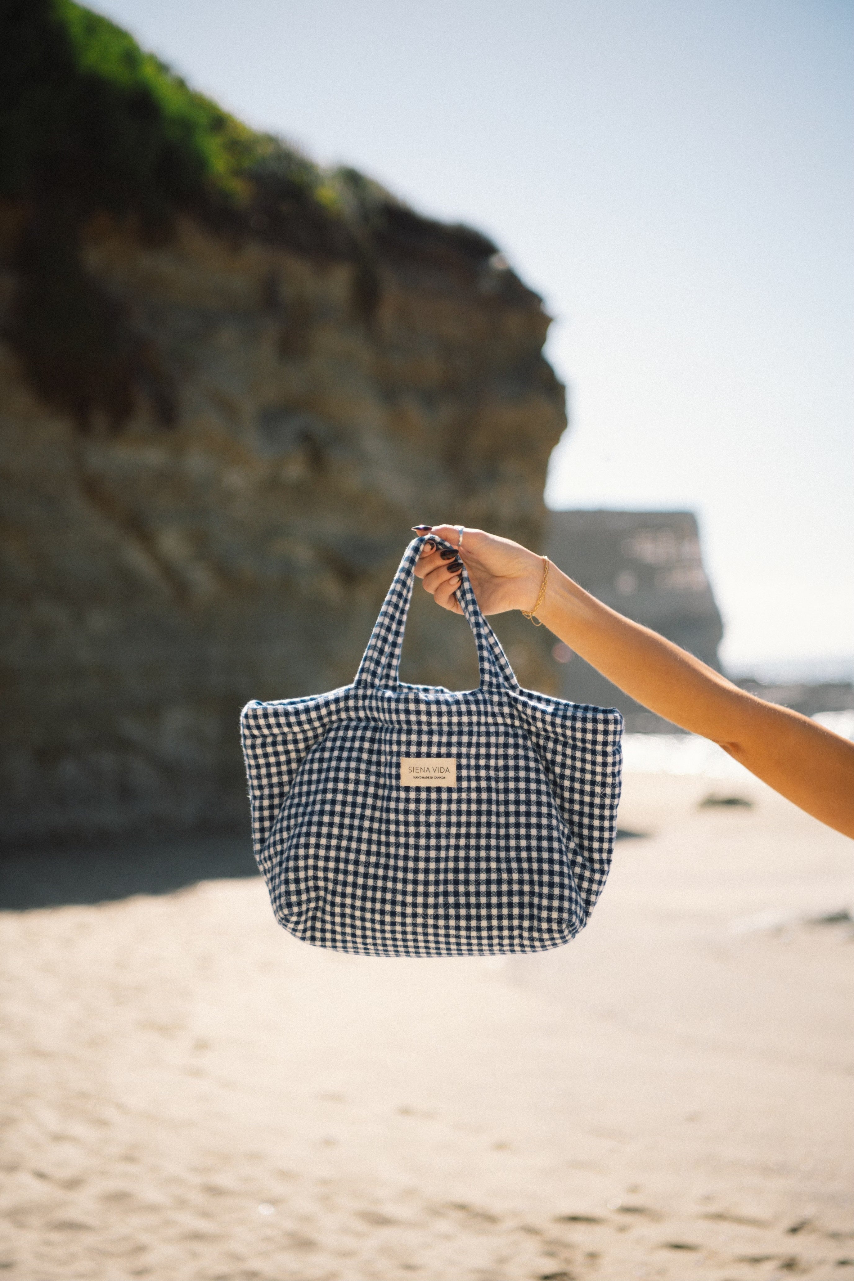 Navy Gingham Quilted Tote Bag - Small