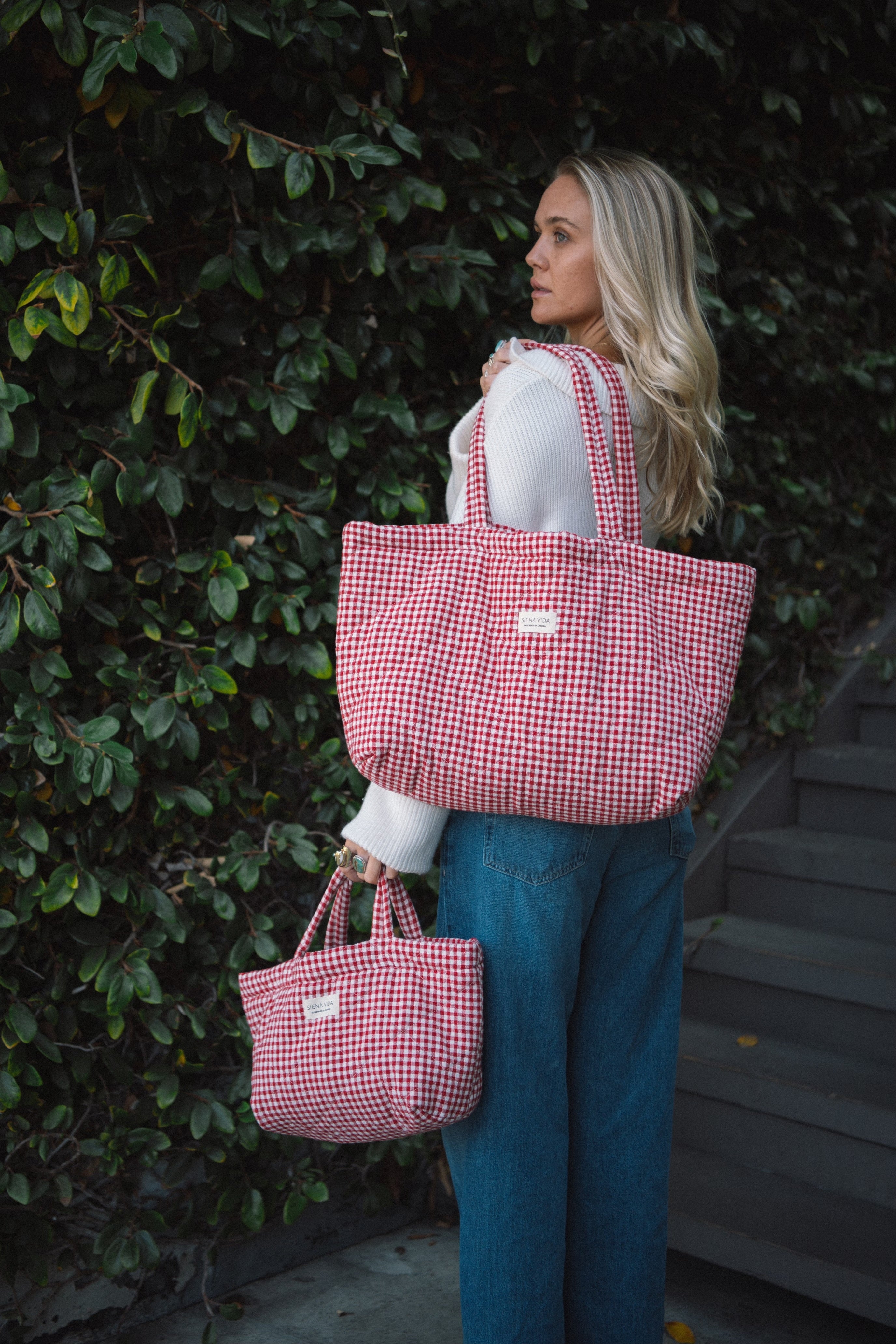 Red Gingham Quilted Tote Bag - Large