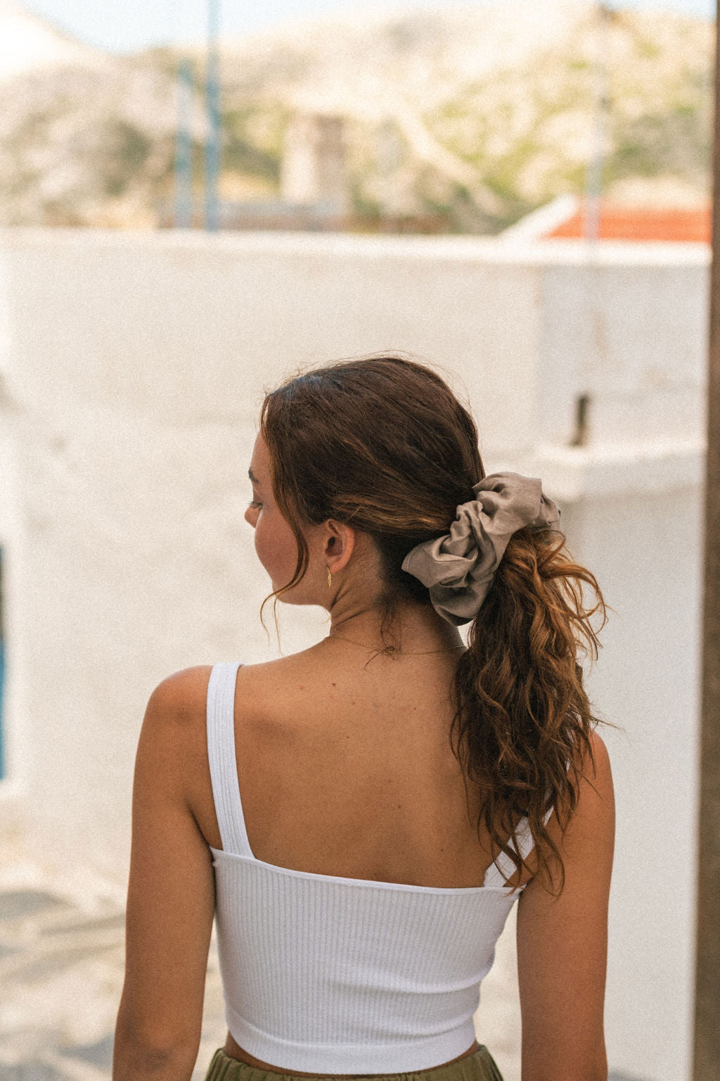 Taupe Linen Scrunchie in XXL size in model's ponytail