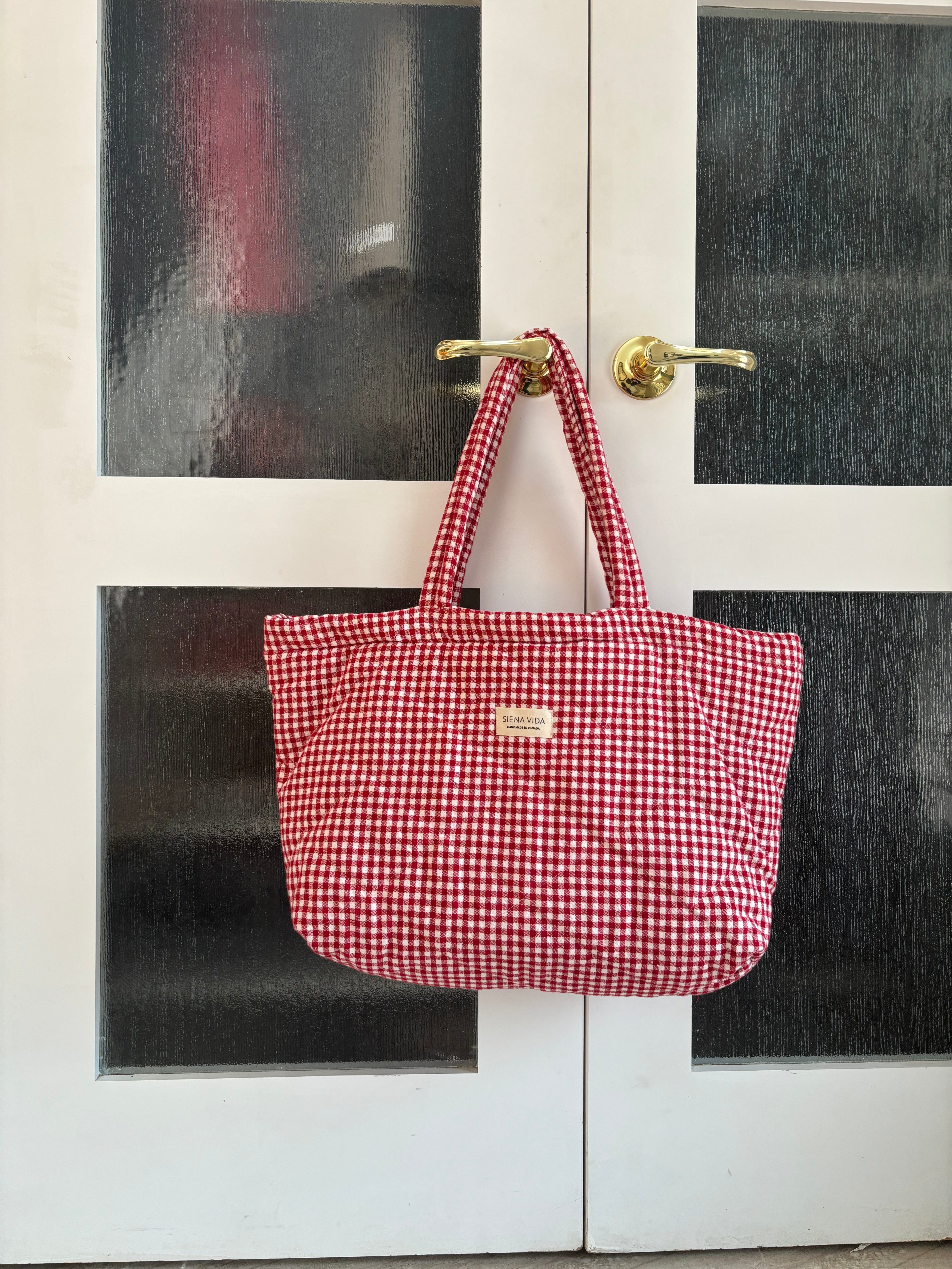 Red Gingham Quilted Tote Bag - Large
