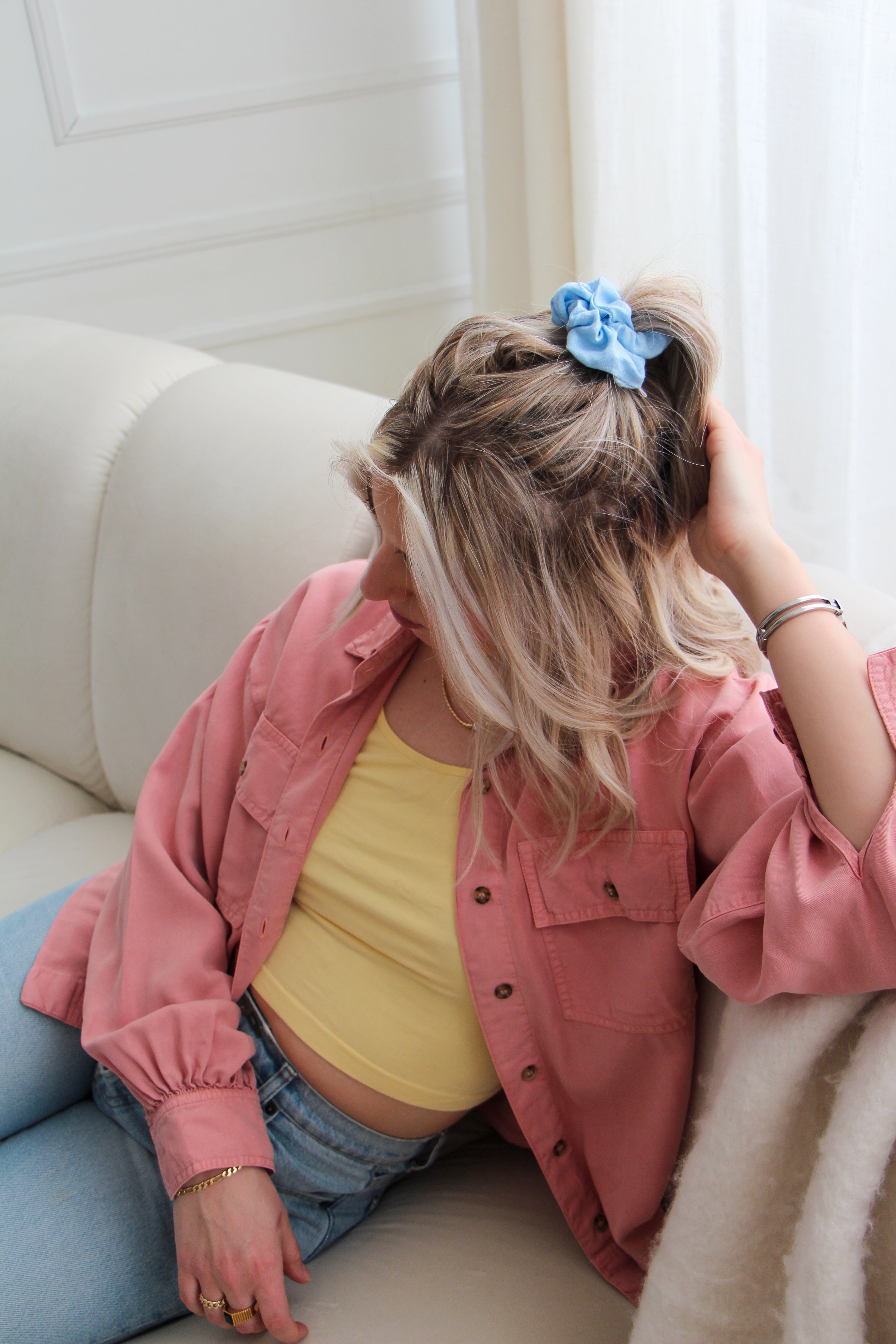 Baby Blue Linen Scrunchie in Beau size in model's half up half down ponytail