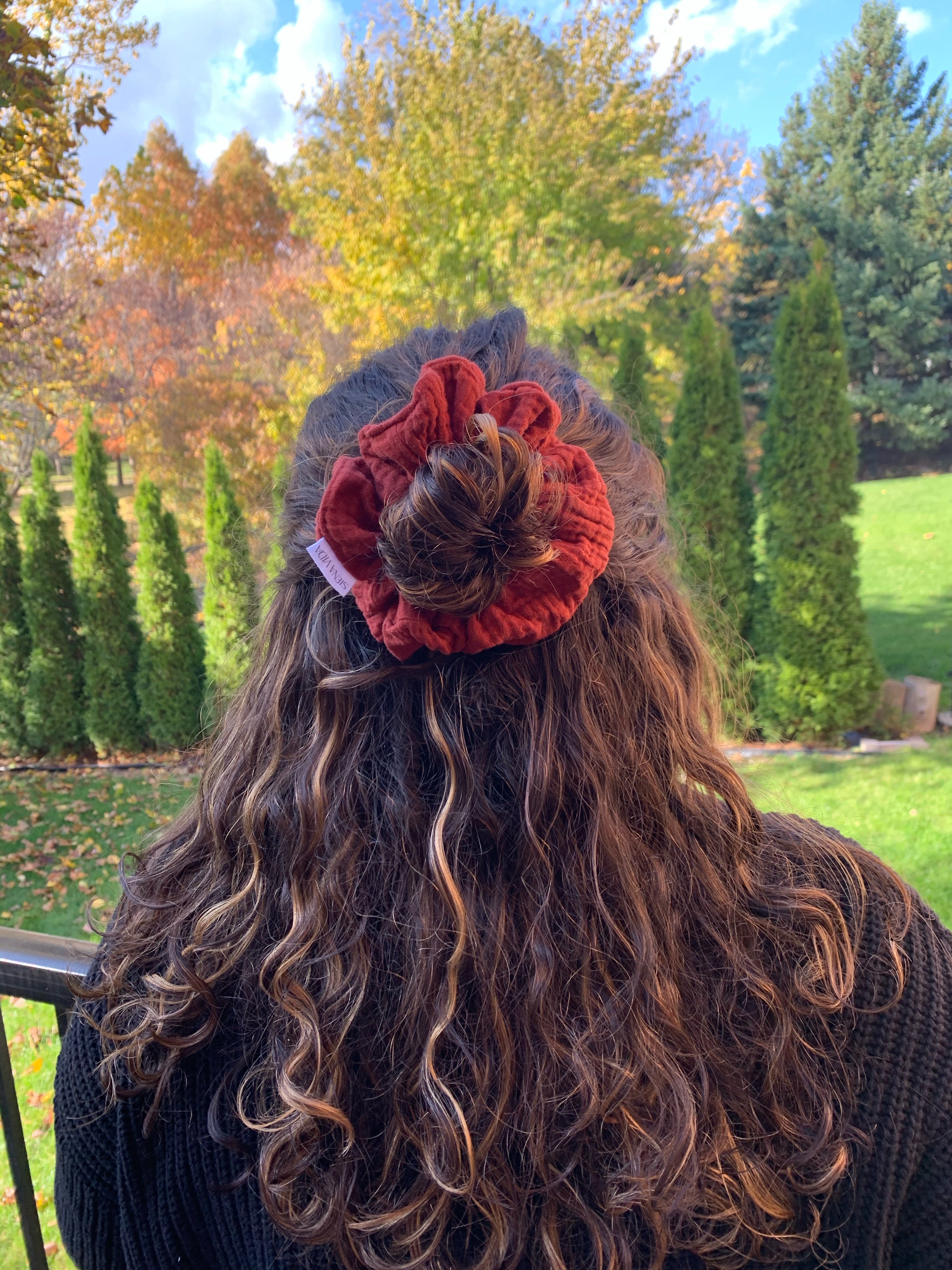 Bright Red Organic Cotton Scrunchie in woman's hair