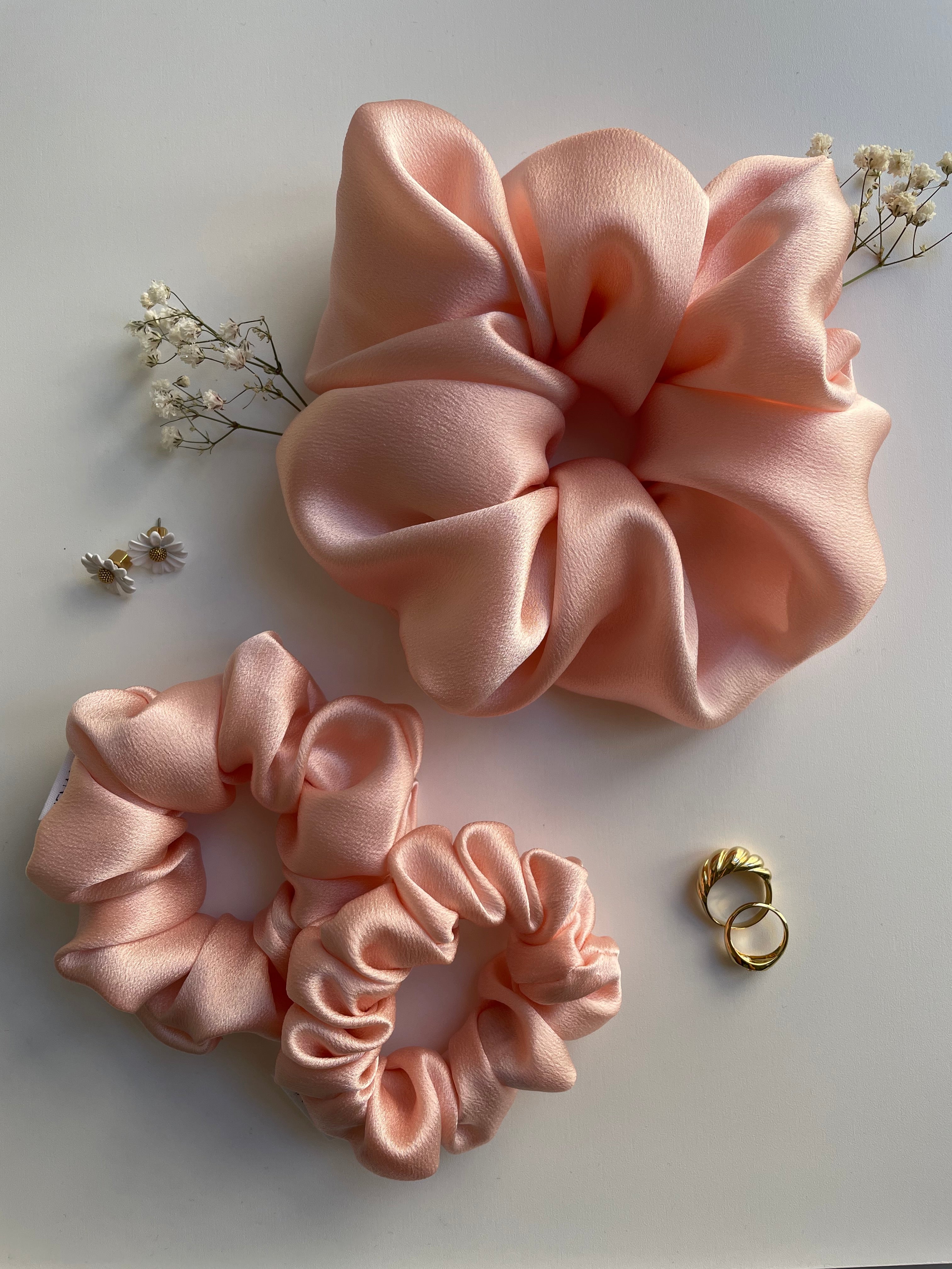 Petal Pink Silk Scrunchie in Cloud size, Classic size and Beau smaller size.