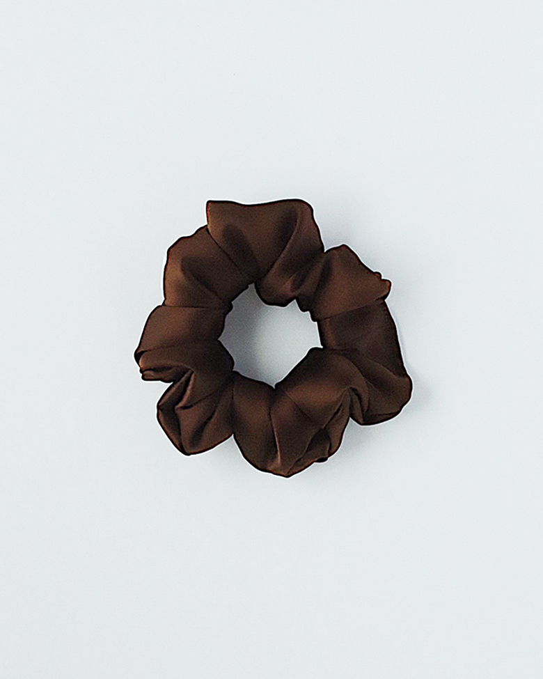 Dark brown silk scrunchie in classic size. Handmade in Toronto, Canada and made with 100% silk
