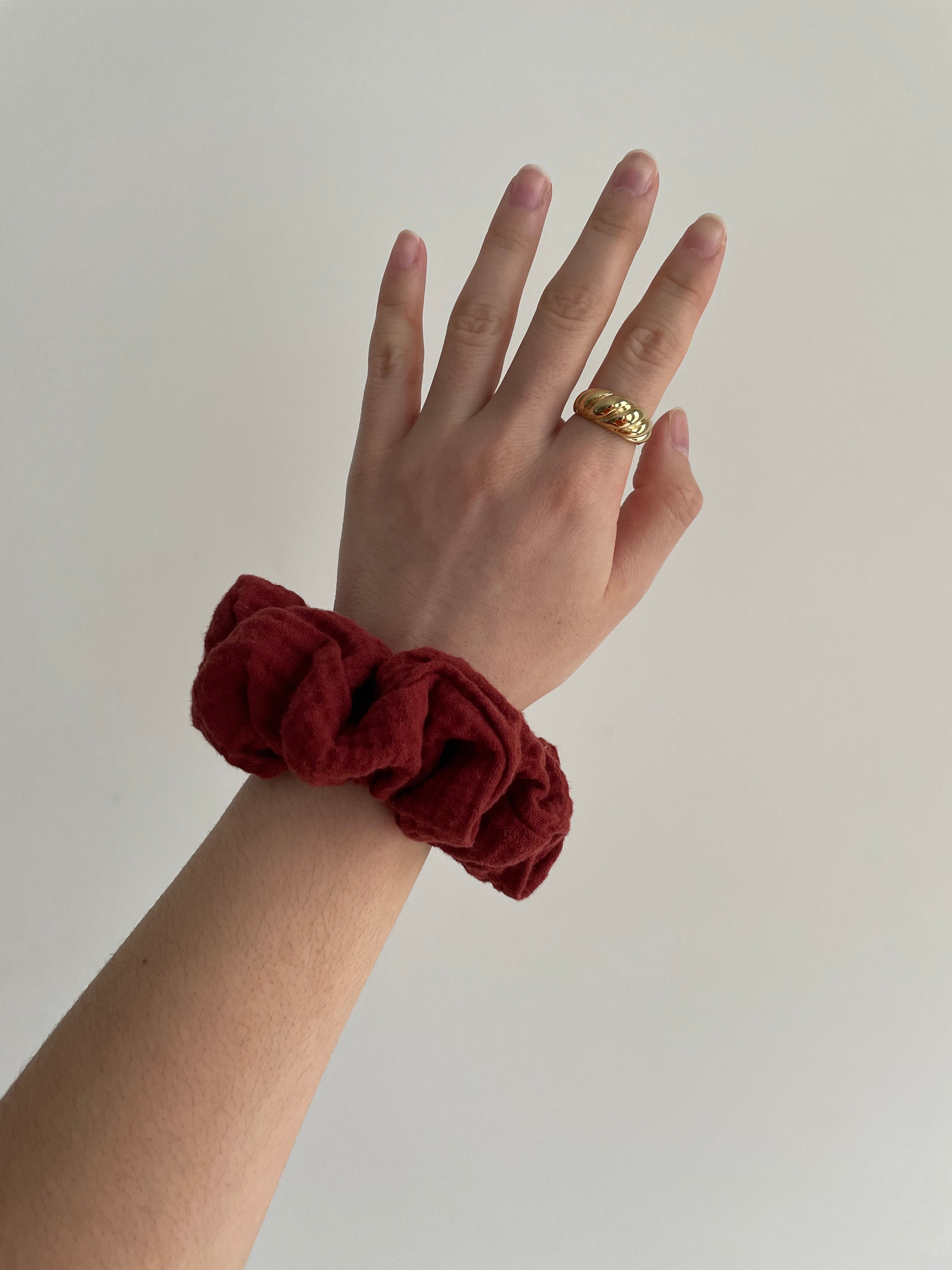Red Autumn Harvest Scrunchie on Wrist